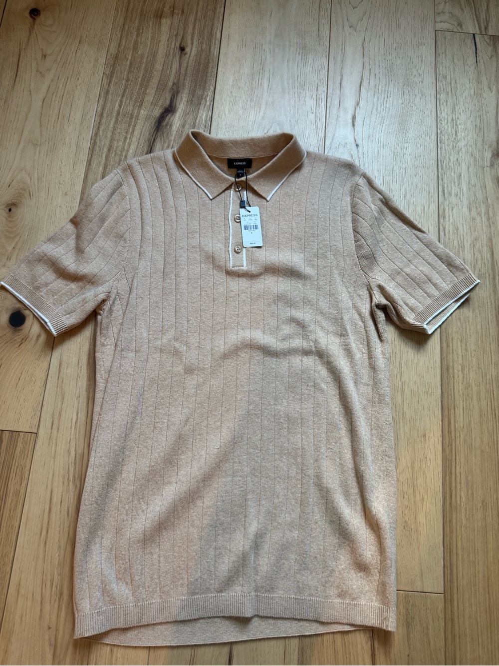 Express Men's Tan Short-Sleeve Polo with Contrast Trim
